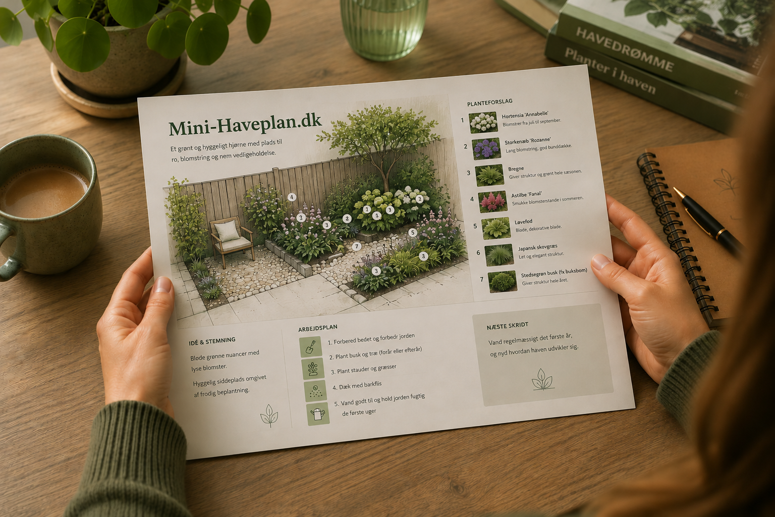 En færdig mini-haveplan holdes frem på et bord